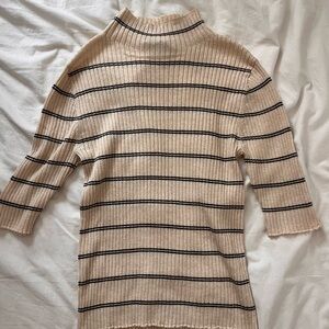 Mango Cream Ribbed Turtleneck Top with Black Stripes